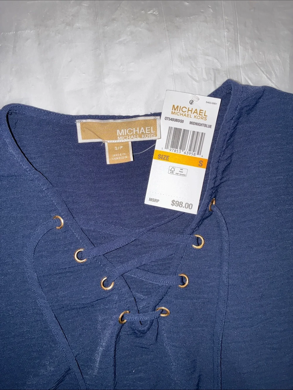Michael Kors Deep Navy Lace-Up Short Sleeve Blouse